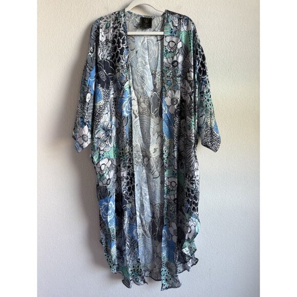 Winton + Waits Women Floral Bombay Blue Kimono Duster Open Front Boho OSFM Beach - Picture 7 of 15